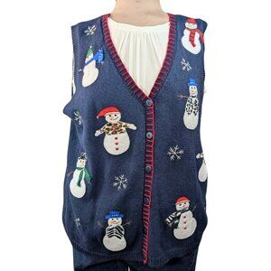 Women's 1X Navy Blue Snowman Christmas Holiday Cotton Blend Sweater Vest